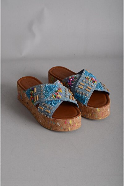 SEÇ KUNDURA SEÇ 7844 - Papuci albastru din piele naturală cu detaliu de piatră