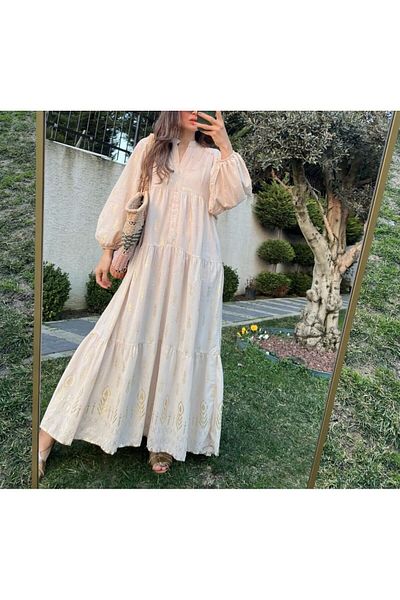 Lavanta Tekstil Glitter Detailed Cream Long V-Neck Dress