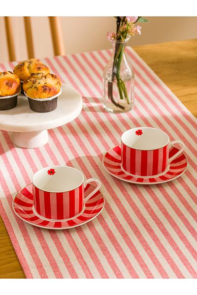 LC Waikiki Red Line Patterned 2-Person Porcelain Tea Cup Set 220 ml