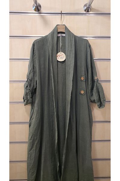 Park Moda Long Italian Linen Jacket with Solid Pattern Button Detail