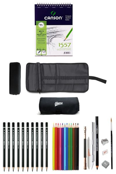GLANCE Canson A5 120 Gr 40 Sheets Sketchbook Graduated Pen Dry Paint Black Pen Holder Set of 24 Compartments