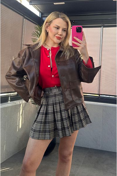 MİR STORE Red Mercerized Cardigan with Gold Rider Buttons