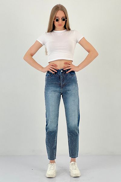 Miss Poem Blugi Mom Stone de damă cu picioare largi Pantaloni albaștri din denim