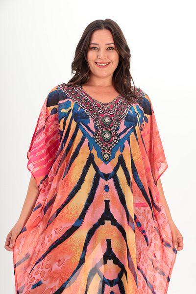 MAMAYAGA Women's Patterned Colorful Stone Bat Sleeve Asymmetrical Slit Large Size Comfortable Chiffon Summer Curve Pareo