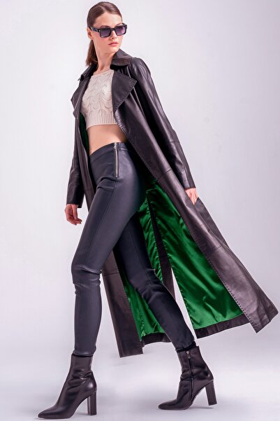 Lebeni Kadın Uzun Deri Trençkot – Siyah Hakiki  Deri Mevsimlik Kaban