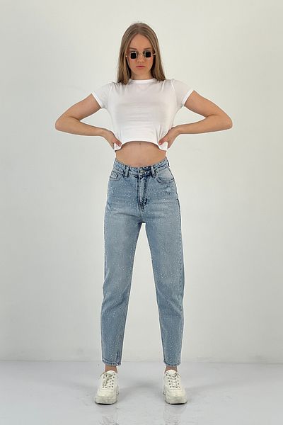 Miss Poem Blugi de damă Stoned cu picioare largi Mom B. Pantaloni albaștri din denim