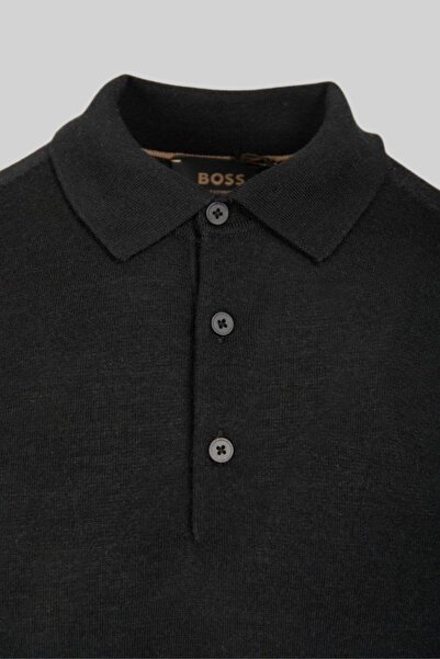 BOSS Regular Fit Polo Yaka Erkek Yün Kazak Siyah