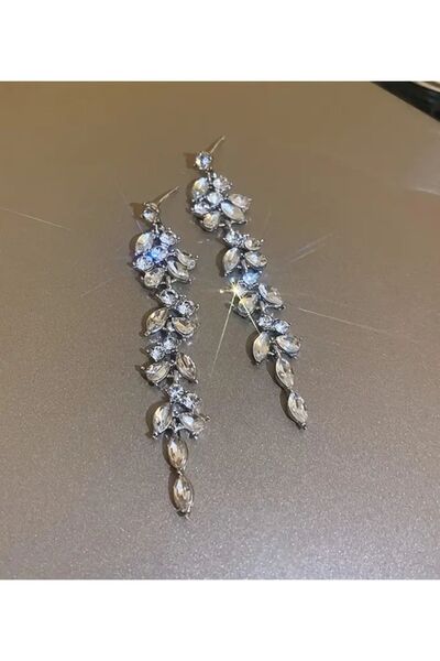 Aksesuar Gümüş Renkli Taşlı Sallantılı Şık Düğün Abiye Küpe