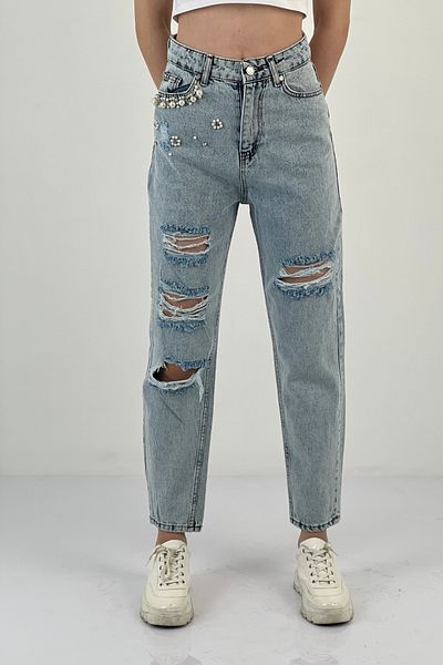 Miss Poem Blugi de damă rupti cu pietre Mom Blue Denim