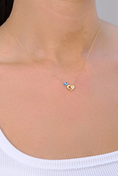 Güzide Kuyumcu Güzide 14 Ayar Altın Nazar Boncuklu Taşlı Minimal Kalp Kolye