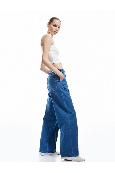 Koton Wide Leg Belt Detailed Pleated Cotton Jeans - Wide Leg Jeans