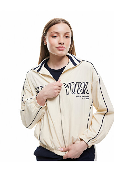 Koton Shirt Collar Zippered College Themed Printed Oversize Bomber Jacket