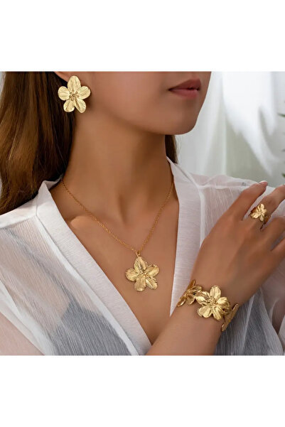 SE Jewellery Collection Selin Ersoy Gold Çiçek Objeli Kolye Küpe Kelepçe Yüzük Kadın Set Çoklu Set