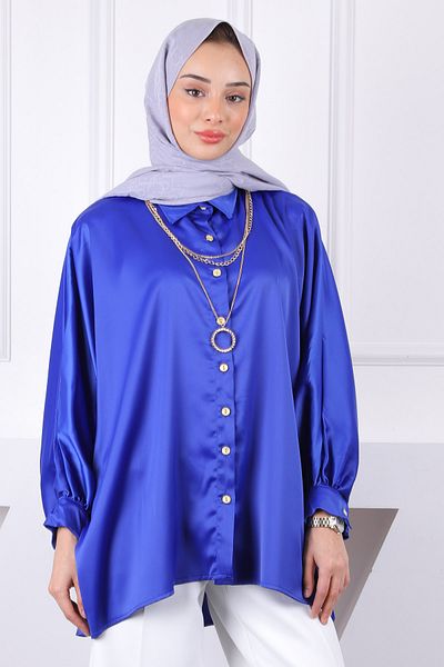İmajButik Saks Oversize Σατέν Πουκάμισο με Μπλε Κολιέ