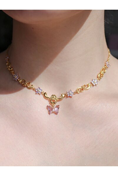 Reorah Collection Butterfly Tale Choker Kolye-Lila Kelebekli Çiçekli Choker K...