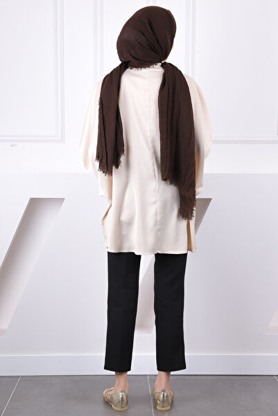 İmajButik Μπεζ κρεμαστό υπερμεγέθη σατέν πουκάμισο