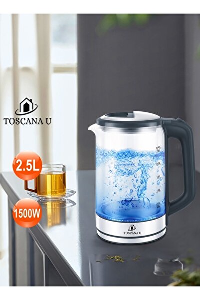 TOSCANA U 2.5L 1500W Glass Glare Electric Kettle with Ocean Blue Light