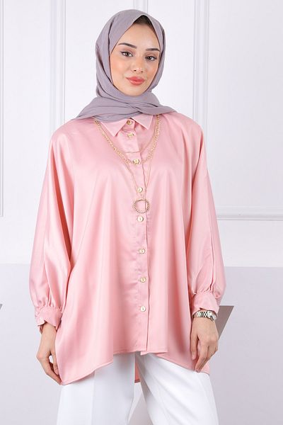 İmajButik Oversize σατέν πουκάμισο με κολιέ σε πούδρα