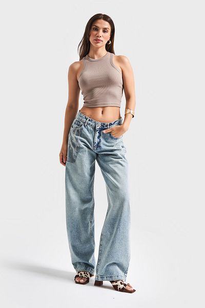 its basic Blugi de damă, culoare 4S5-31, largi, cu buzunar, 100% bumbac, blugi din denim largi