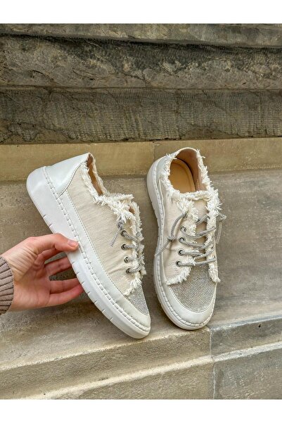 ERVANIN BUTİĞİ Bej Keten (Jule) Taş Bağcıklı Kadın Sneakers