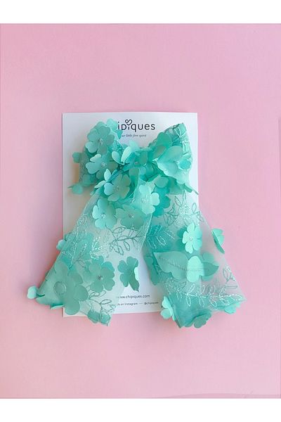 chipiques Turquoise Organza Ballerina Bow Clip with Three-Dimensional Flowers
