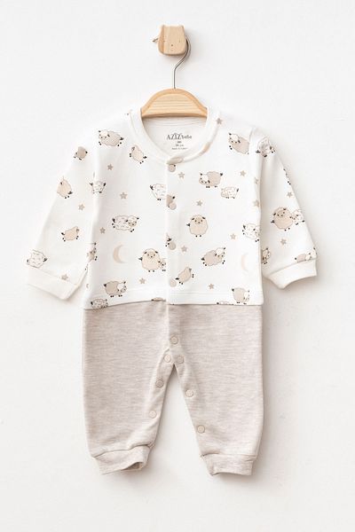 Aziz Bebe Baby Boy Lamb Patterned Jumpsuit with Snap Fasteners 0 Month - 6 Months