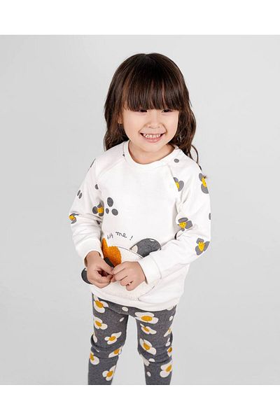 İNDİGO Baby Girl Ecru Flower Patterned Leggings Sweatshirt Set