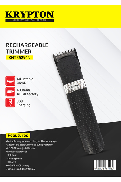 KRYPTON Rechargeable Hair & Beard Trimmer, Adjustable Comb, Usb Charging, 600mah Battery