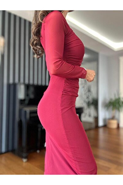 Atelier Derin Bordo Drapeli Tül  Elbise