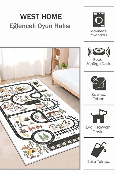 West Home Oyun Halısı Makinede Yıkanabilir Kaymaz Taban Antibakteriyel Yol Desenli Çocuk  Halısı