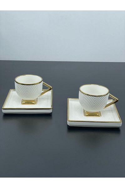 YzHome 2 PERSON PORCELAIN GOLD STARED SQUARE PLATE TURKISH COFFEE CUP SET SET