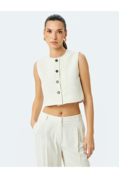 Koton Round neck linen blend buttoned sleeveless crop vest.