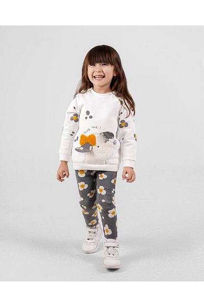 İNDİGO Baby Girl Ecru Flower Patterned Leggings Sweatshirt Set
