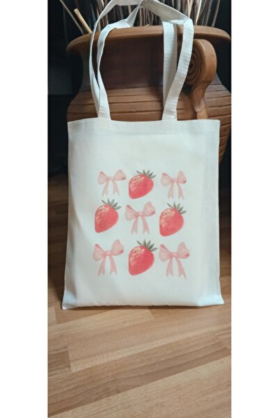 Cemira Retro Y2K Raw Cloth Tote Bag Handbag, Strawberry Strawberry Ribbon Rec...