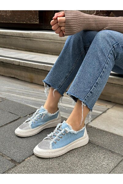 ERVANIN BUTİĞİ Kot Keten (Jule) Taş Bağcıklı Kadın Sneakers