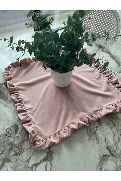 Hyatt Concept Pamuk kadife fırfırlı pudra kare örtü/runner-sehpa örtüsü