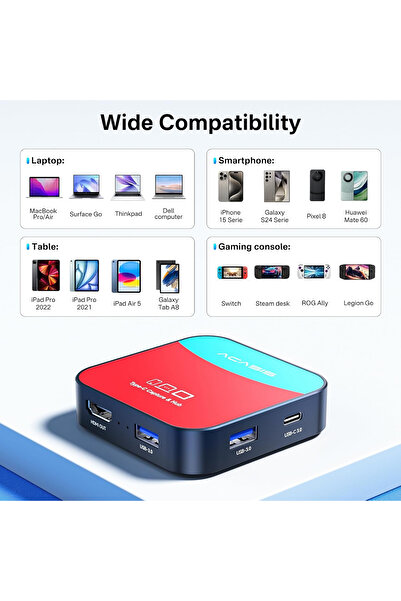 Acasis Type-C Kayıt Cihazı ve HUB, Type-C IN & Type-C OUT, HDMI Out, 2xUSB 3.0, 3,5mm AUX, iPhone