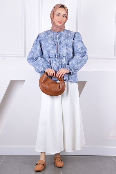 İmajButik Κρεμ μπροστινό δεμένο σακάκι με φούστες