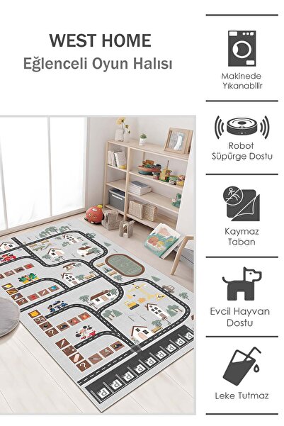 West Home Oyun Halısı Makinede Yıkanabilir Kaymaz Taban Antibakteriyel Yol Desenli Çocuk  Halısı