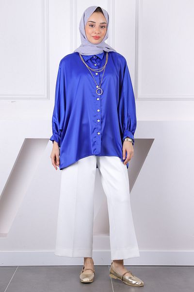 İmajButik Saks Oversize Σατέν Πουκάμισο με Μπλε Κολιέ