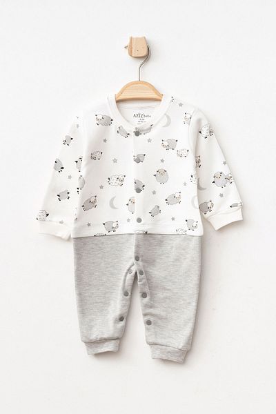 Aziz Bebe Baby Boy Lamb Patterned Jumpsuit with Snap Fasteners 0 Month - 6 Months