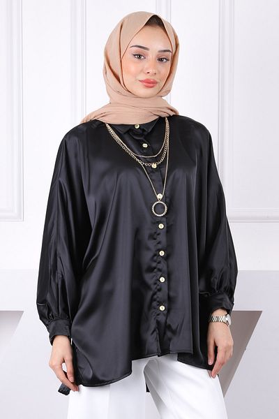 İmajButik Μαύρο κολιέ Oversize Σατέν Πουκάμισο