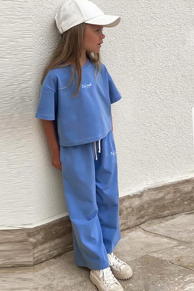 Monila Set de tricou și pantaloni de trening din bumbac cu imprimeu text pentru fete