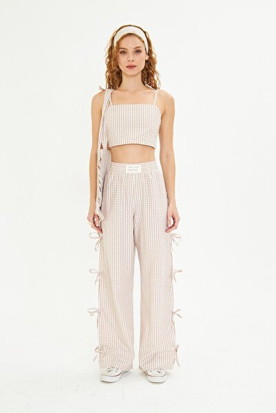 GIA - ART Kadın Kareli Kumaş Çanta Saç Bandı Crop ve Pantolon Alt Üst Takım K...