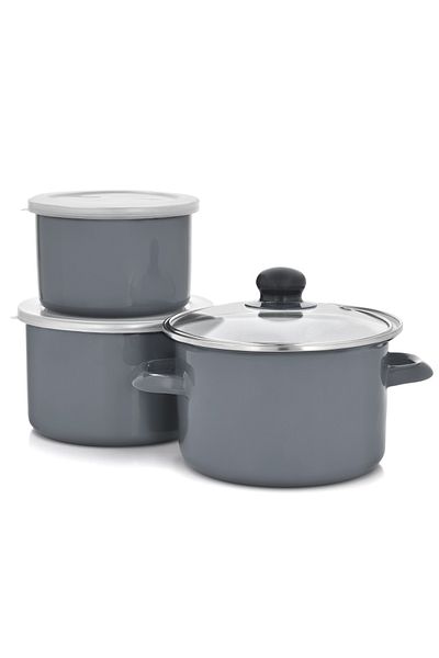 Emalia Olkusz 1907 Enameled pot set with lid, 6 pieces, gray