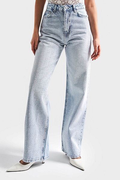 its basic Blugi de damă cu talie înaltă din denim cu design cu pietre strălucitoare T-4S5-3 Direct Fit Color T