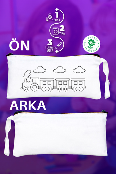 Pamusan Tren Desenli Boyanabilir Bez Kalemlik - 10 Adet - 21x10cm Kalem Çantası - Keçeli Kalemle Boyanabilir