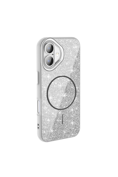 UnDePlus Apple iPhone 16 Plus Kılıf Magsafe ile Uyumlu Parlak Simli Shinig Ok...