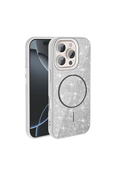UnDePlus Apple iPhone 16 Pro Max Kılıf Magsafe ile Uyumlu Parlak Simli Shinig...