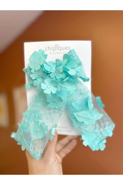 chipiques Turquoise Organza Ballerina Bow Clip with Three-Dimensional Flowers